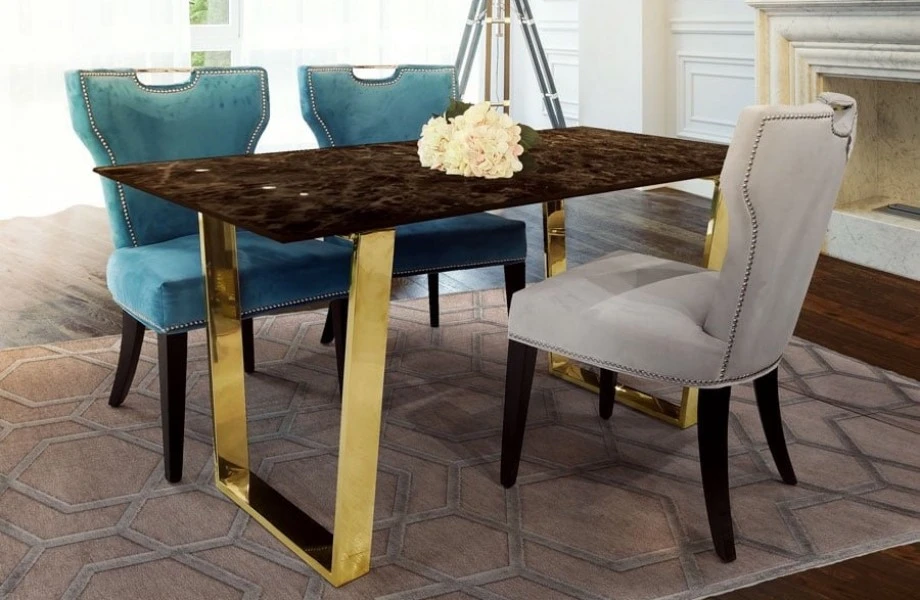 Stół jadalniany glamour na złotych płozach Madera 180 brązowy marmur