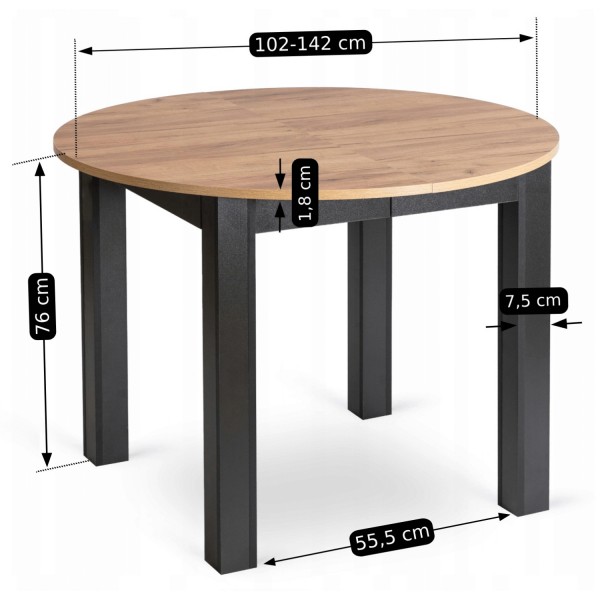 Mały stół loftowy z funkcją rozkładania Harry 102-142 cm, dąb craft/czarny