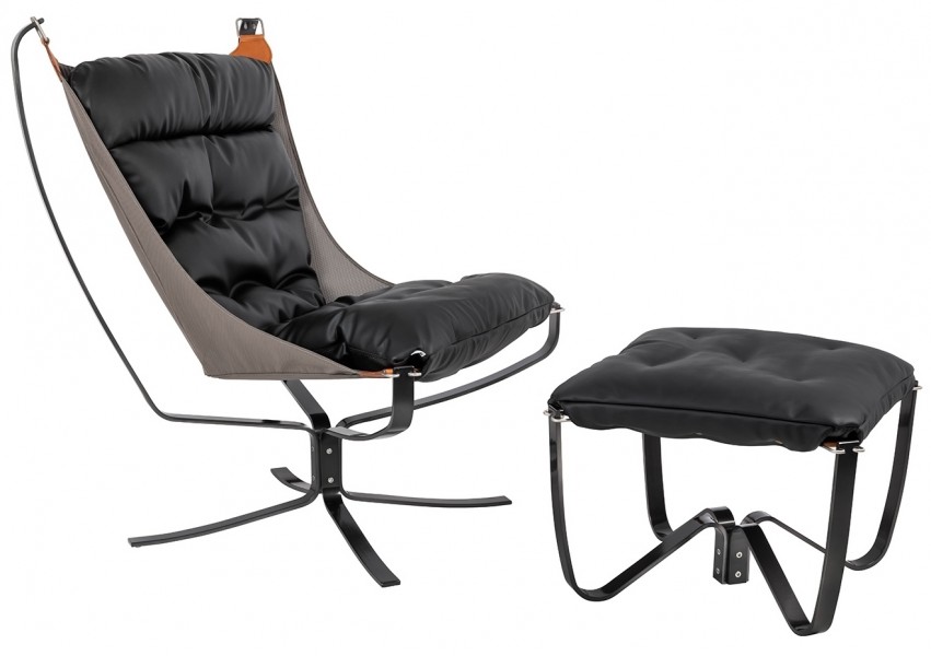 Designerski fotel typu hamak z podnóżkiem Arni High czarny