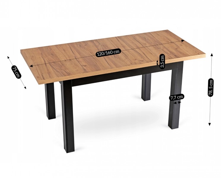 Loftowy stół rozkładany Skubi 120-160 cm, dąb craft/czarny