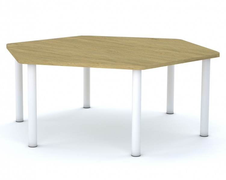 Stół do przedszkola Smart sześciokątny 140x120 cm, rozmiar 0-3, blat dębowy / nogi białe