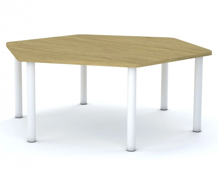 Stół szkolny Smart sześciokątny 140x120 cm, rozmiar 4-6, blat dębowy / nogi białe