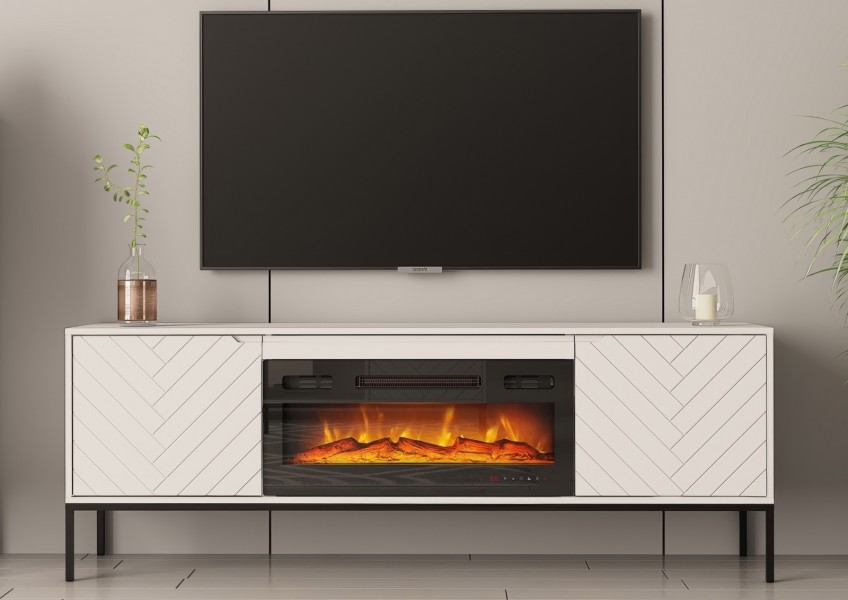 Szafka RTV z kominkiem Aspen 02 biały mat/czarny 180 cm