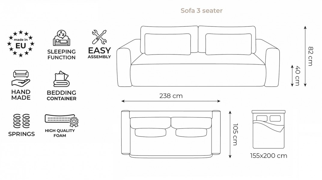 Sofa 3-osobowa z funkcją spania Kapua 155x200 cm, tkanina struktura