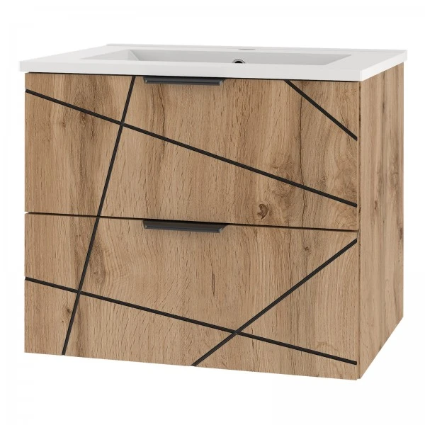 Szafka do łazienki z wpuszczaną umywalką Wood 02, dąb wotan, 60 cm - zestaw 3