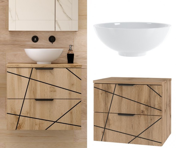 Szafka do łazienki z nablatową umywalką Wood 02, dąb wotan, 60 cm - zestaw 5