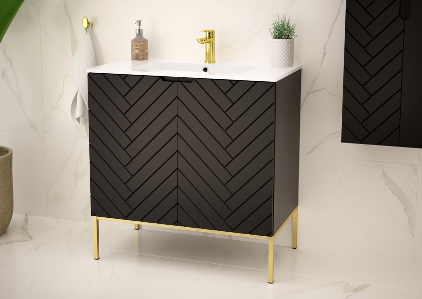 Szafka z umywalką wpuszczaną Aspen 08 czarny/złoty, 80 cm - zestaw 3