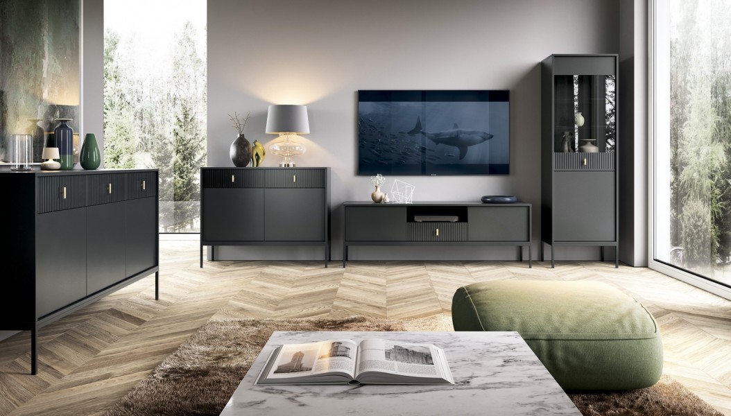 Czarny ryflowany stolik RTV Marcos 154 cm, czarne nóżki