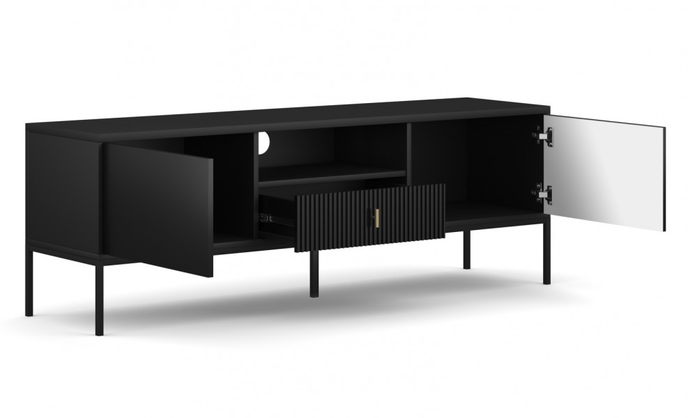 Czarny ryflowany stolik RTV Marcos 154 cm, czarne nóżki