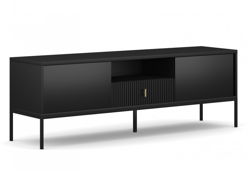 Czarny ryflowany stolik RTV Marcos 154 cm, czarne nóżki