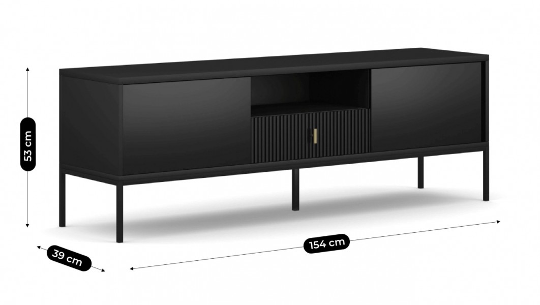 Czarny ryflowany stolik RTV Marcos 154 cm, czarne nóżki
