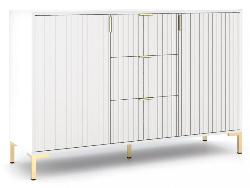 Biała komoda z ryflami Torello 130 cm, nóżki złote