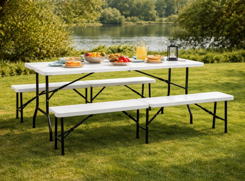 Zestaw cateringowy - stół bankietowy 180 cm i 2 ławki Party, biały