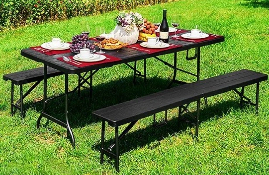Zestaw bankietowy imitacja drewna - stół cateringowy 180 cm i 2 ławki Party, brązowy
