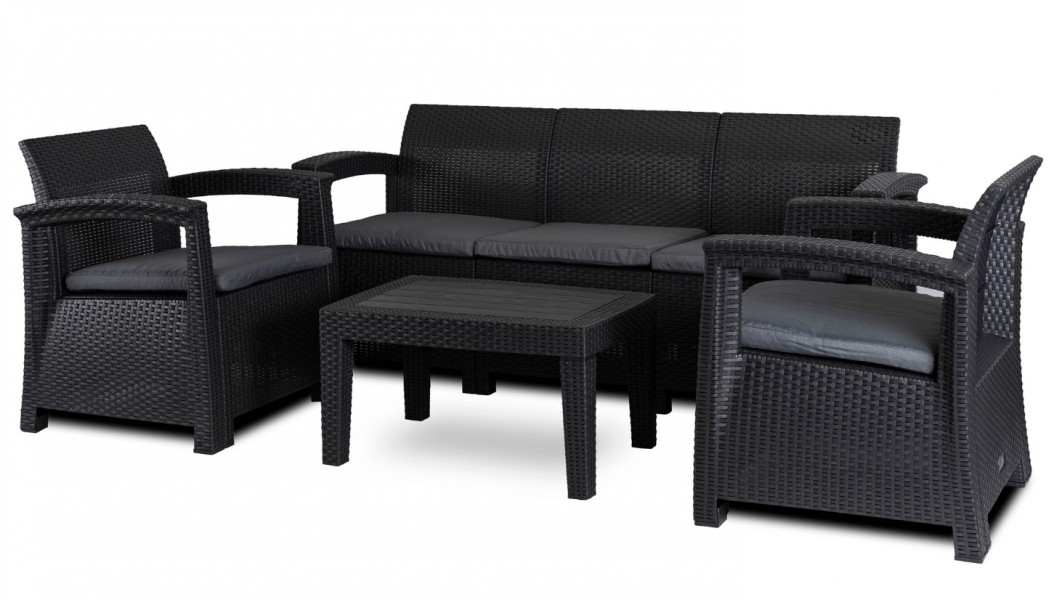 Zestaw mebli na taras Brandon - sofa, 2 fotele i stolik kawowy, czarny/ciemnoszary