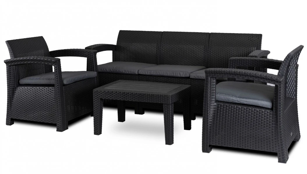 Zestaw mebli na taras Brandon - sofa, 2 fotele i stolik kawowy, czarny/ciemnoszary