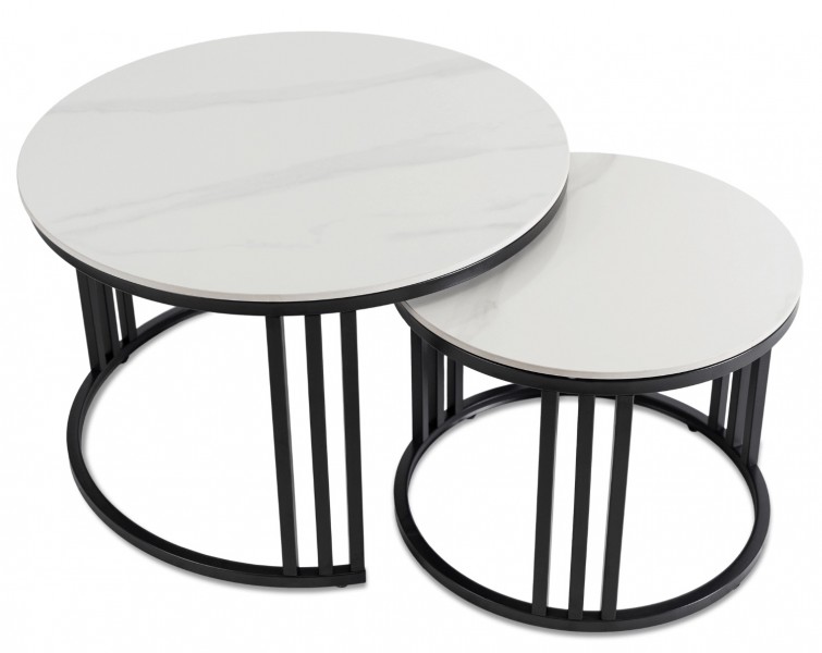 Zestaw okrągłych stolików ceramicznych Jerry biały marmur, połysk