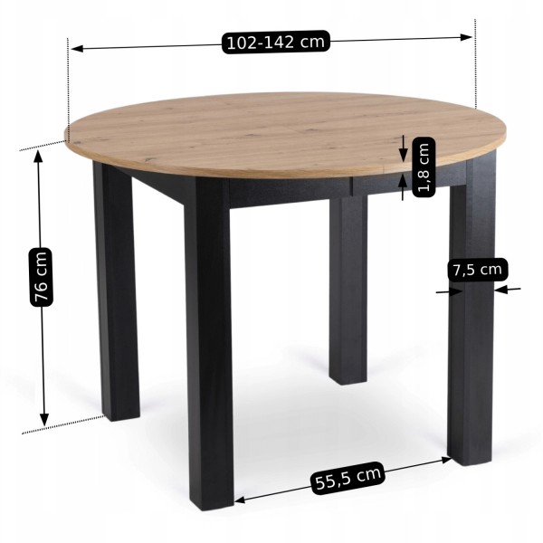 Mały stół loftowy z funkcją rozkładania Harry 102-142 cm, dąb artisan/czarny