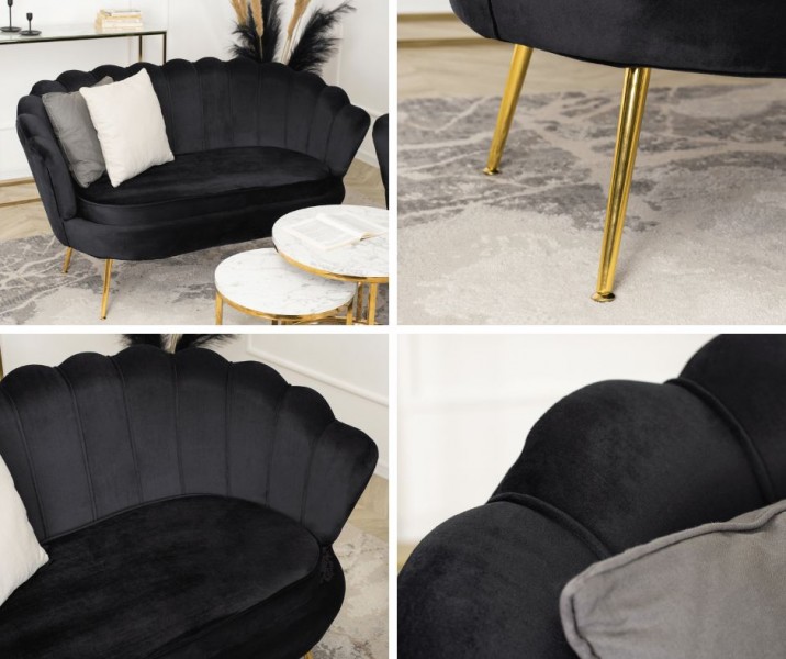 Welurowa sofa dwuosobowa muszelka Zendaya, złote nogi