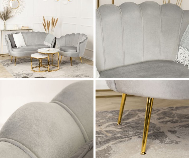 Welurowa sofa dwuosobowa muszelka Zendaya, złote nogi
