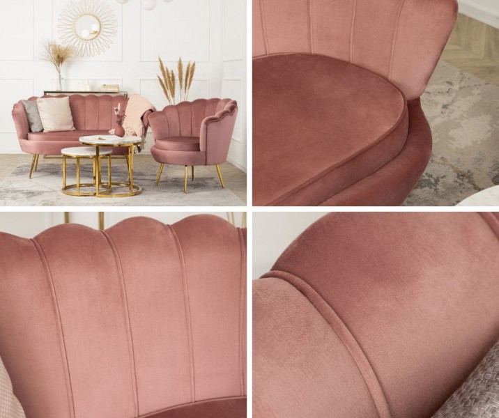 Welurowa sofa dwuosobowa muszelka Zendaya, złote nogi