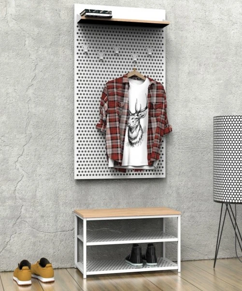 Loftowy wieszak ścienny w zestawie z siedziskiem Loft ZLW2, biały/dąb wotan