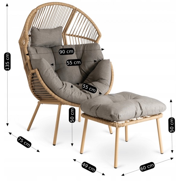 Fotel ogrodowy typu kokon z podnóżkiem Portland, styl boho