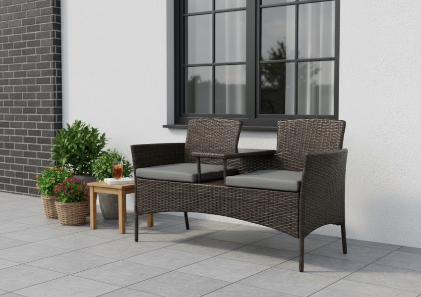 Meble ogrodowe Ratina, dwuosobowa sofa ze stolikiem, kolor brązowy, poduszki szare