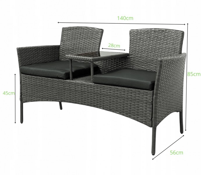 Meble ogrodowe Ratina, dwuosobowa sofa ze stolikiem, kolor brązowy, poduszki szare