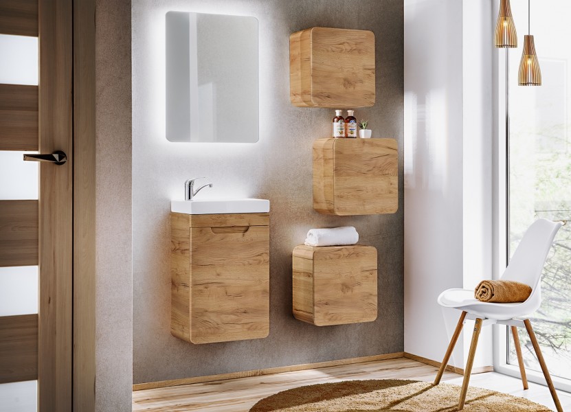 Mała szafka do łazienki pomocnicza Qubik Aruba 831 FSC, dąb craft złoty