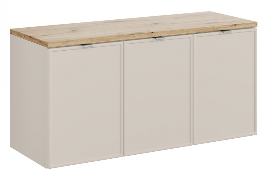 Trzydrzwiowa szafka łazienkowa Bella 120 cm z blatem, kaszmir/dąb artisan