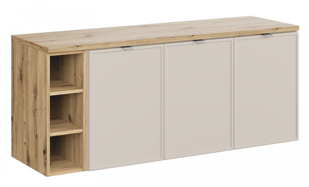 Trzydrzwiowa szafka łazienkowa Bella 140 cm z regałem i blatem, kaszmir/dąb artisan