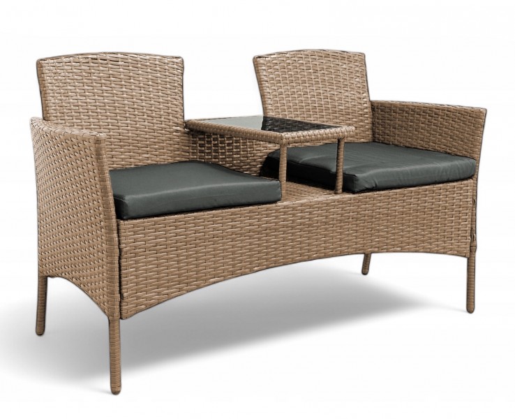 Meble ogrodowe Ratina, dwuosobowa sofa ze stolikiem, kolor naturalny, poduszki szare