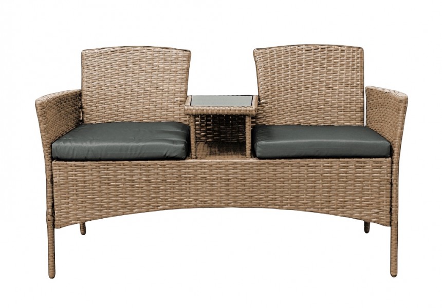 Meble ogrodowe Ratina, dwuosobowa sofa ze stolikiem, kolor naturalny, poduszki szare
