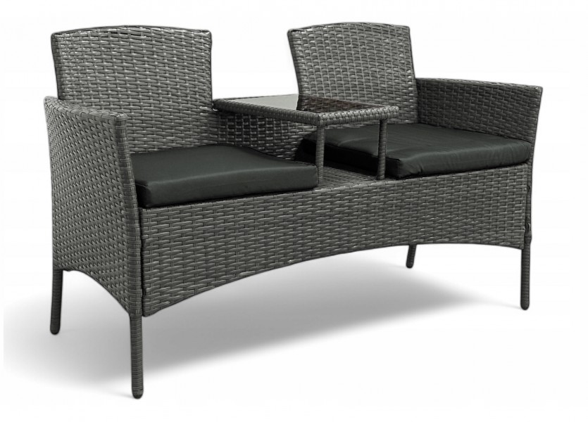 Meble ogrodowe Ratina, dwuosobowa sofa ze stolikiem, kolor szary, poduszki szare