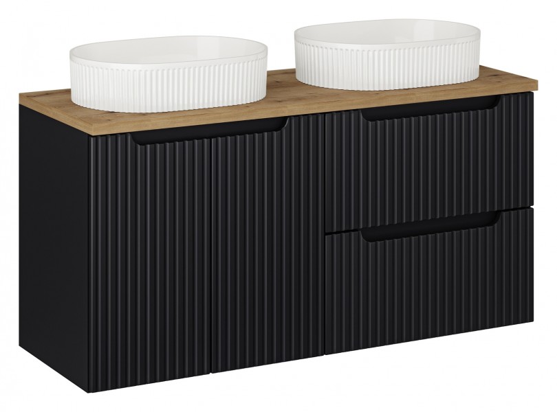 Szafka łazienkowa 120 cm Nova z białymi umywalkami Beyond, czarny mat/dąb coast evoke