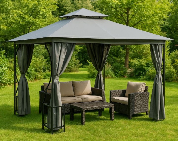 Pawilon ogrodowy Gardelux 3x4 m - moskitiera, 4 pełne ścianki, szary