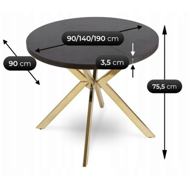 Rozkładany stół jadalniany glamour Lugo 90-190 cm, czarny/złoty