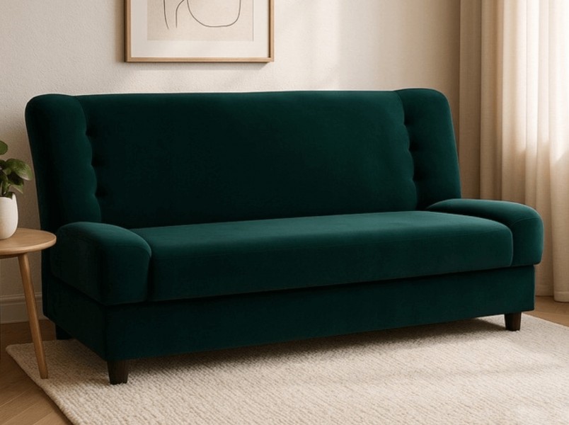 Rozkładana sofa ze schowkiem - wersalka Piano, zielony welur