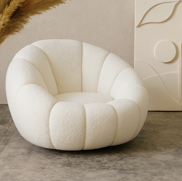 Obrotowy fotel Douill, tkanina Teddy Boucle, kolor ecru