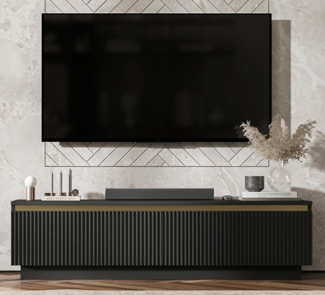 Ryflowana szafka RTV Selene 140 cm, stojąco/wisząca, kolor czarny