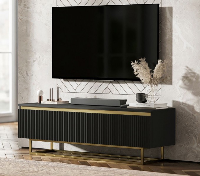 Ryflowana szafka RTV Selene 140 cm, czarna na złotych płozach