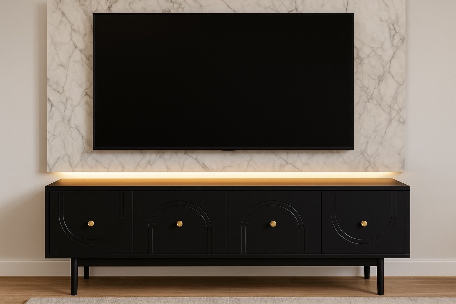 Szafka RTV w stylu glamour Marlen 155 cm, kolor czarny