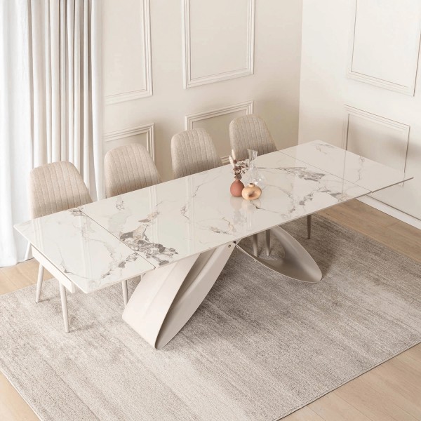 Rozkładany stół z ceramicznym blatem Luigi 160-240 cm, biały marmur/kaszmir