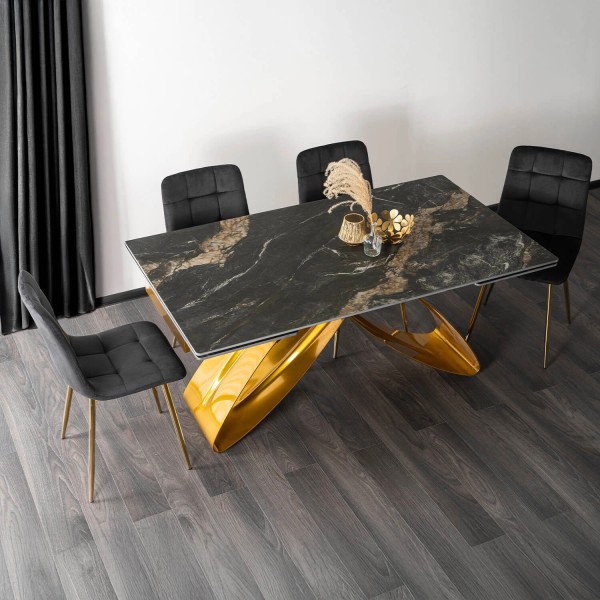 Rozkładany stół z ceramicznym blatem Luigi 160-240 cm, czarno-złoty marmur/złoty