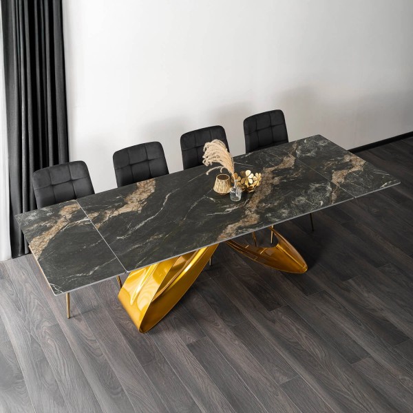 Rozkładany stół z ceramicznym blatem Luigi 160-240 cm, czarno-złoty marmur/złoty