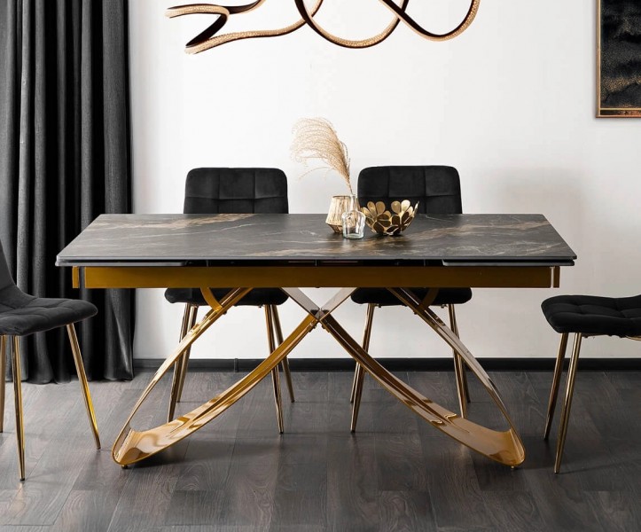 Rozkładany stół z ceramicznym blatem Luigi 160-240 cm, czarno-złoty marmur/złoty