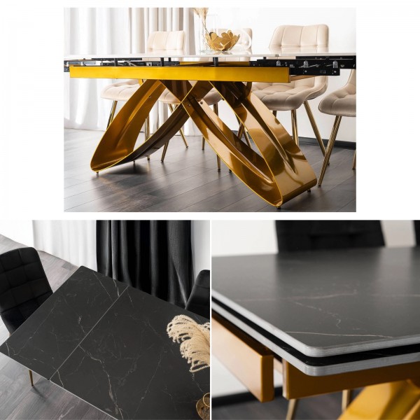 Rozkładany stół z ceramicznym blatem Luigi 160-240 cm, czarny marmur/złoty