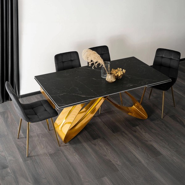 Rozkładany stół z ceramicznym blatem Luigi 160-240 cm, czarny marmur/złoty