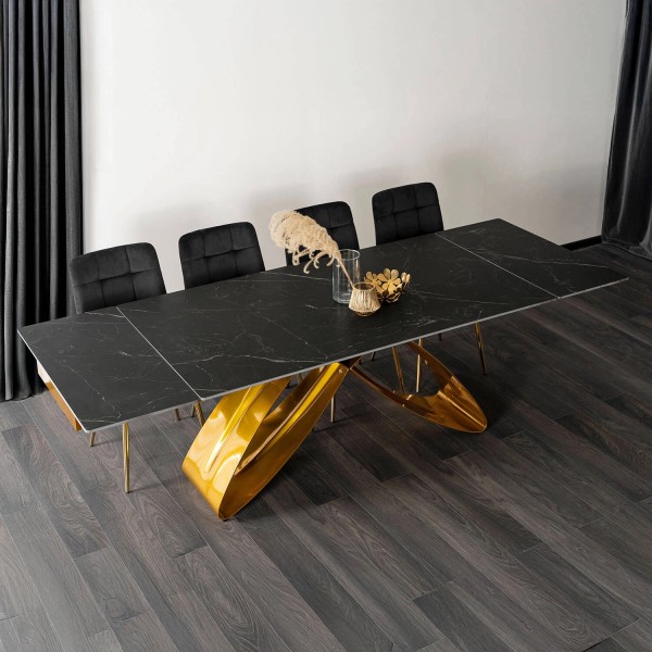 Rozkładany stół z ceramicznym blatem Luigi 160-240 cm, czarny marmur/złoty